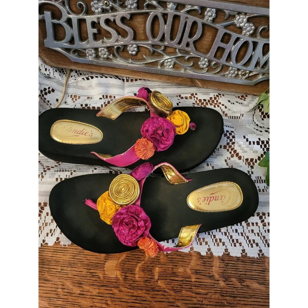 Vintage y2k Pink/Gold Candies Rose Flip Flop sz M 7/8 Boho Glam Beach Vacation - Picture 1 of 5